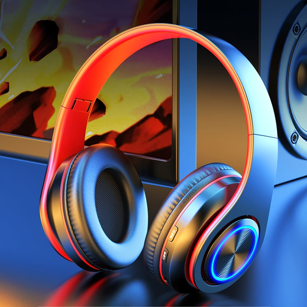 LED Light Over-Ear Wireless Headphones Deep Bass Subwoofer, Active Noise Cancelling Foldable Headset Bluetooth 5.3, Wired & Wireless Dual Mode AUX, USB Rechargeable for Gaming Music Sports