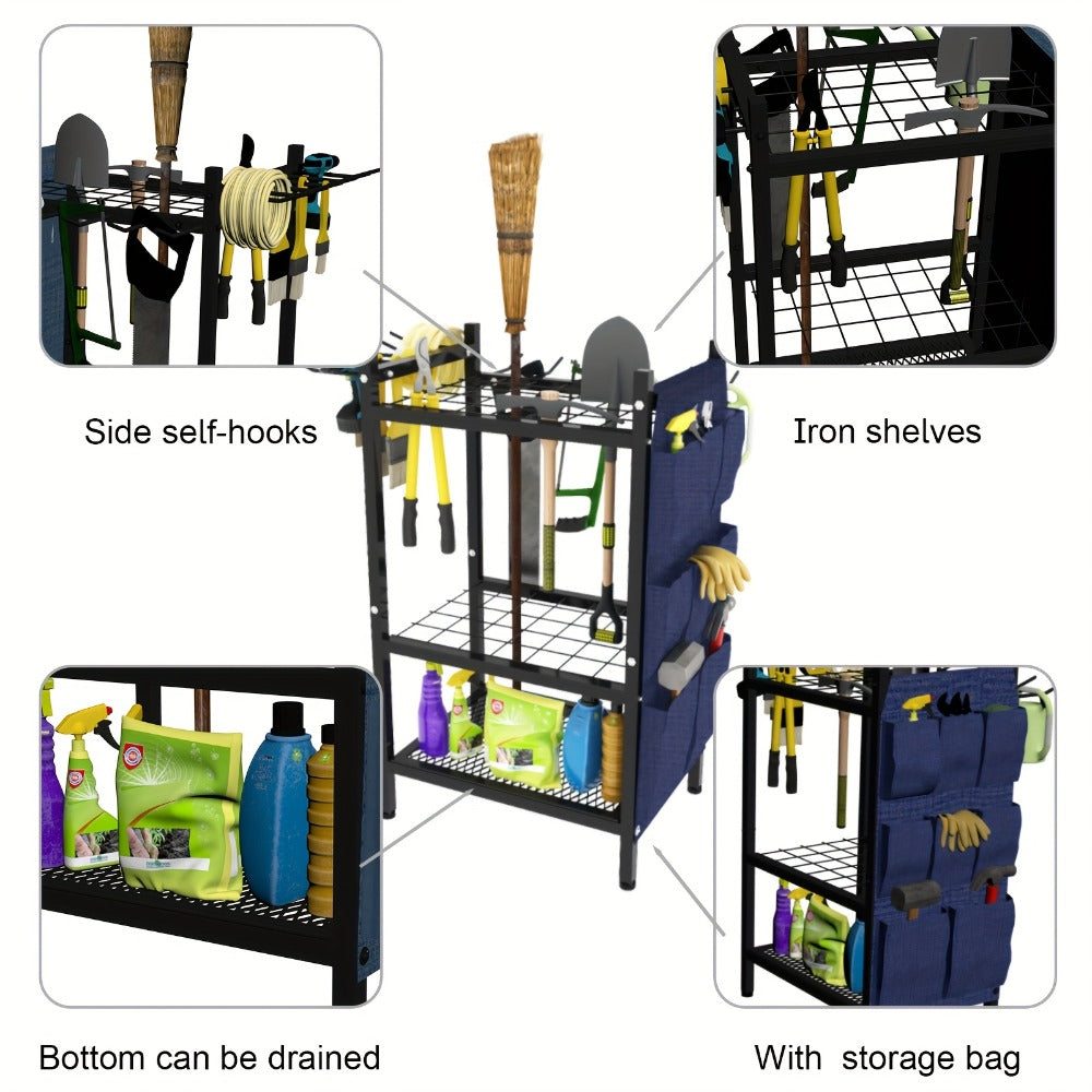 Tool Storage Rack with Storage Bag – Metal Yard Tool Organizer for Garage Holds 35 Long-Handled Tools, Broom, Shovel, Rake Stand Holder, Heavy Duty Freestanding Garden Tool Rack for Outdoor & Yard, Black