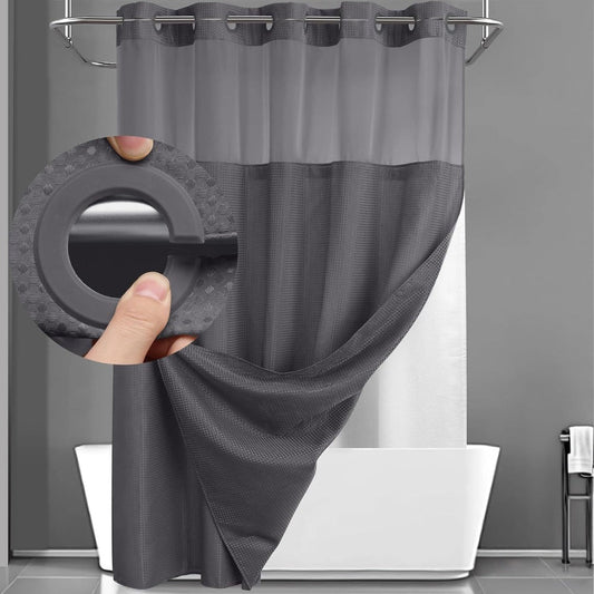 Hookless Shower Curtain with Snap Liner, 74 x 71 Inch Waffle Texture and Window