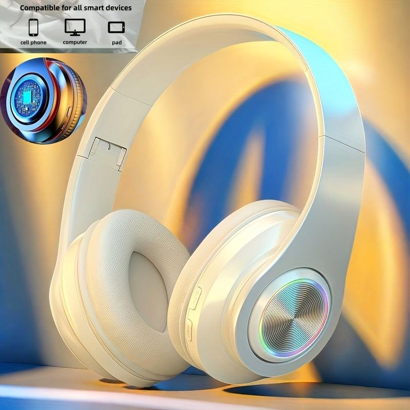 LED Light Over-Ear Wireless Headphones Deep Bass Subwoofer, Active Noise Cancelling Foldable Headset Bluetooth 5.3, Wired & Wireless Dual Mode AUX, USB Rechargeable for Gaming Music Sports