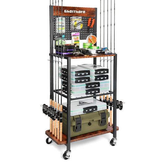 Fishing Rod Storage Rack for Up to 10 Rods with Pegboard Hooks and Rolling Wheels