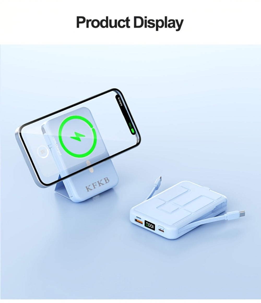 Magnetic Power Bank 10000mAh USB-C Fast Charging – Built-in Cable, Charges 5 Devices & Laptops Simultaneously, Foldable Stand, Portable External Battery for Travel Work Daily Use