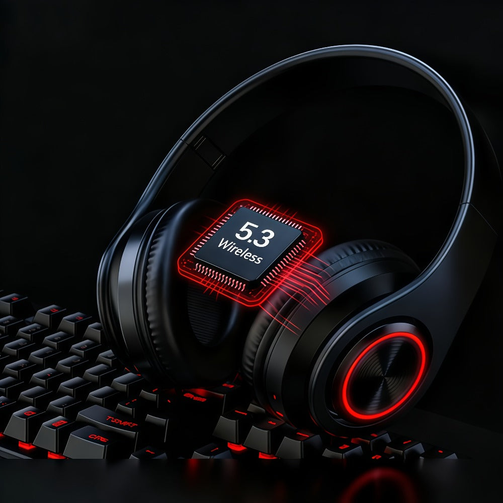 LED Light Over-Ear Wireless Headphones Deep Bass Subwoofer, Active Noise Cancelling Foldable Headset Bluetooth 5.3, Wired & Wireless Dual Mode AUX, USB Rechargeable for Gaming Music Sports