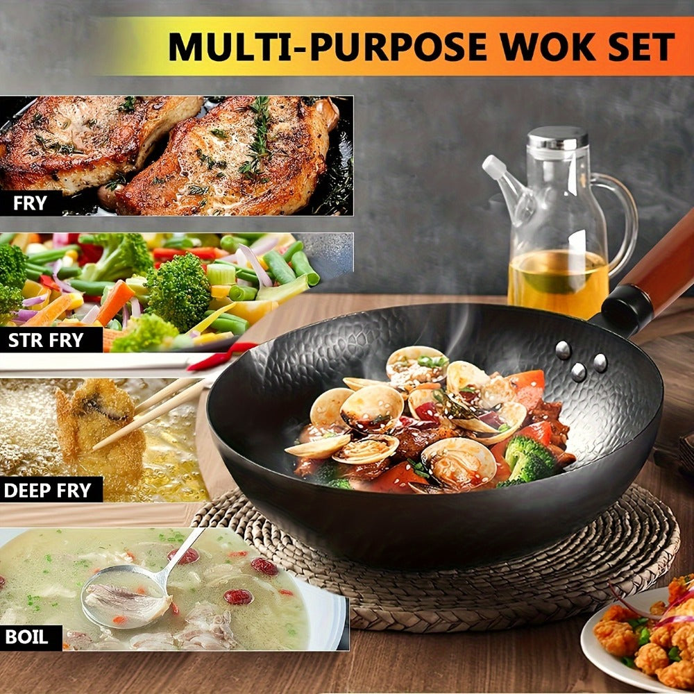 Cast Iron Wok Set 14 Piece 12.6 Inch Flat Bottom Stir Fry Pan with Lid Spatula Accessories - Natural Non-Stick Black Iron Wok for All Stoves Gas Electric Induction Honeycomb Design