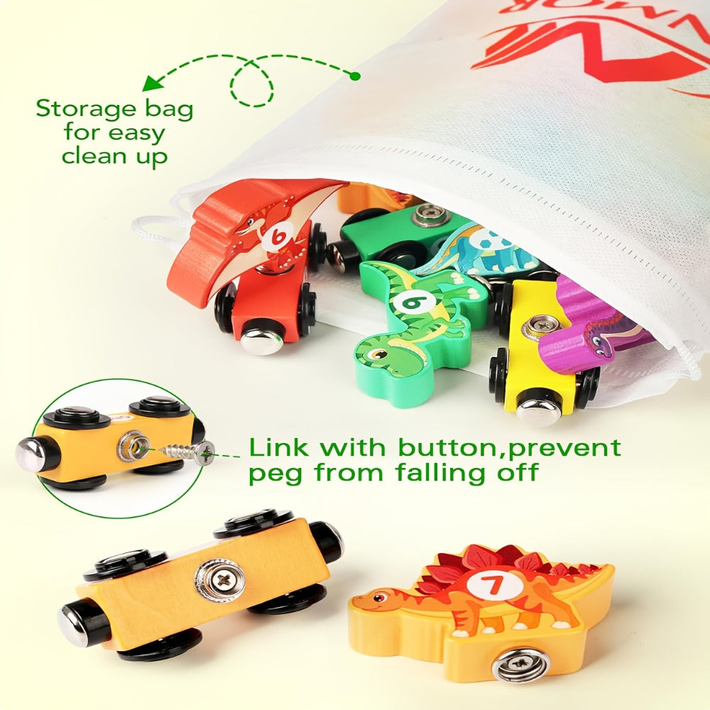 Magnetic Dinosaur Number Train – 11-Piece Wooden Train Toy with Dinosaur Engine & 10 Numbered Cars