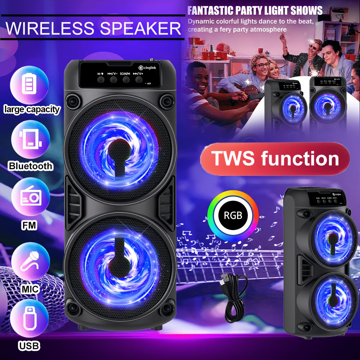 RGB Dual Speaker Portable Bluetooth Stereo Sound System with Subwoofer, Ambient Lighting, Two Speaker Sizes, Deep Bass for Party, Camping, Home Entertainment