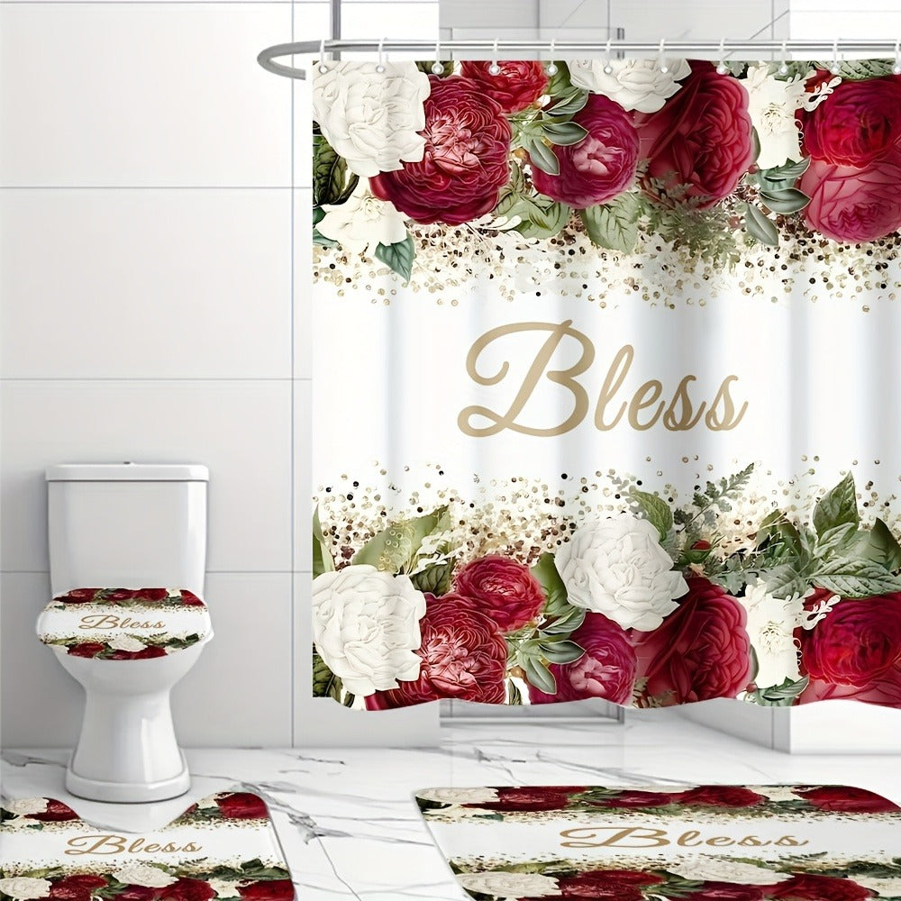 Rose Print Shower Curtain 4-Piece Bathroom Set – Toilet Lid Cover Mat Machine Washable with 12 Hooks Elegant Floral Decor