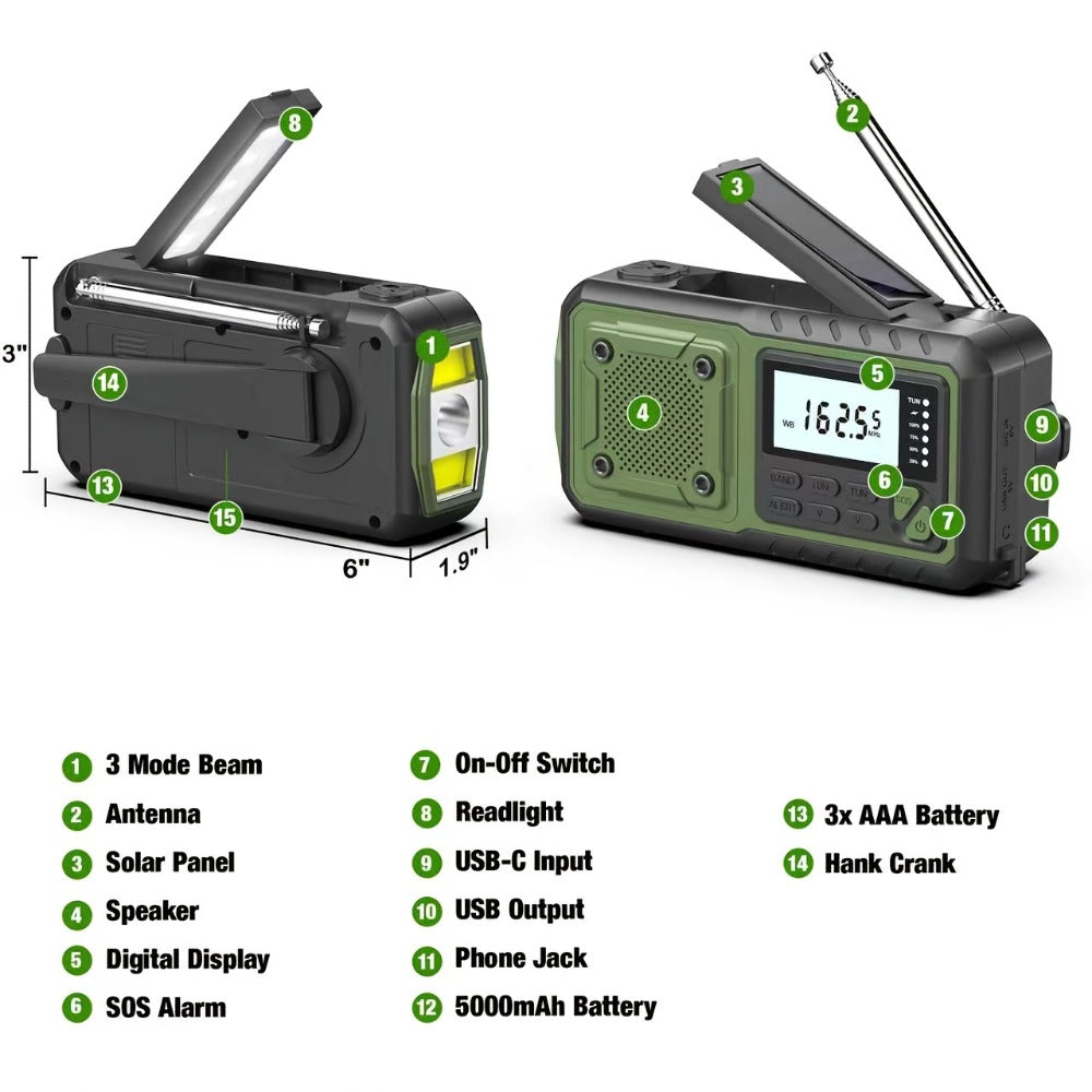 Hand Crank Emergency Weather Radio 5000mAh Solar Powered NOAA AM FM Portable Survival Radio with Flashlight SOS Alarm Reading Light Phone Charger Type-C for Hurricane Tornado Storm Preparedness Gift