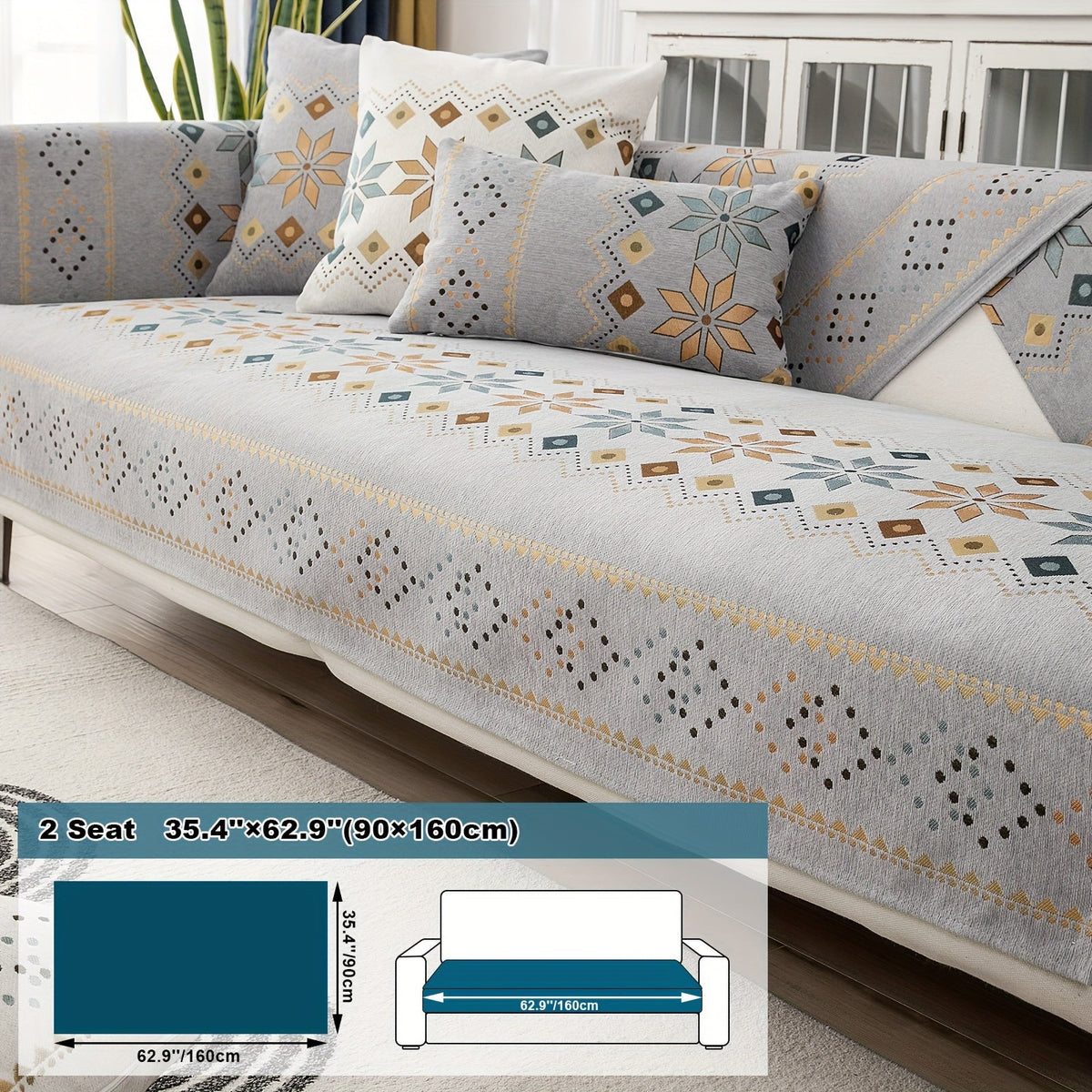 Bohemian Chenille Sofa Cover | Geometric Print Non-Slip Couch Slipcover, Thick Plush Boho Style, 1 to 4 Seat, Armrest & Backrest, Machine Washable, Sectional Sofa Protector