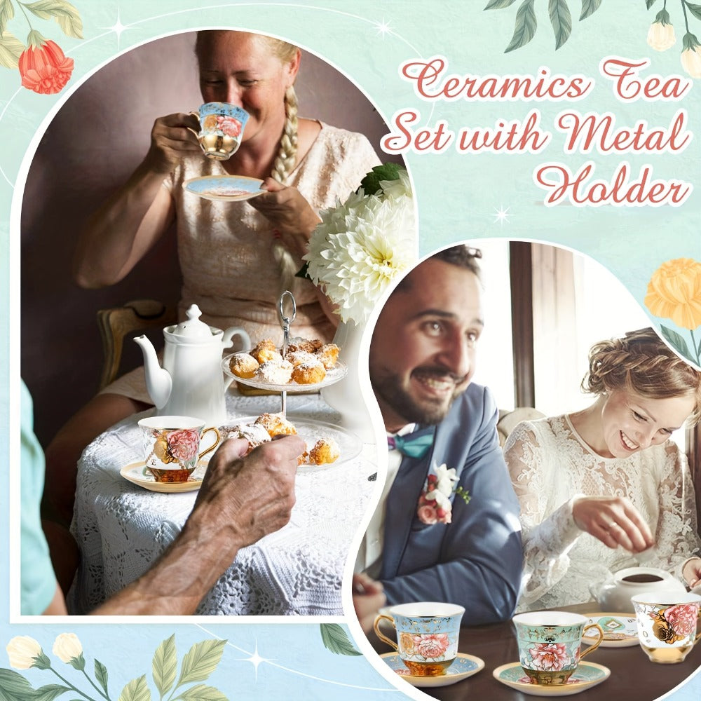 Floral Porcelain Tea Cups and Saucers Set of 12 – 5.4 Oz British Style Tea Party Cups – Classic Elegant Gift for Women – Perfect for Birthday, Mother's Day, Church & Tea Parties