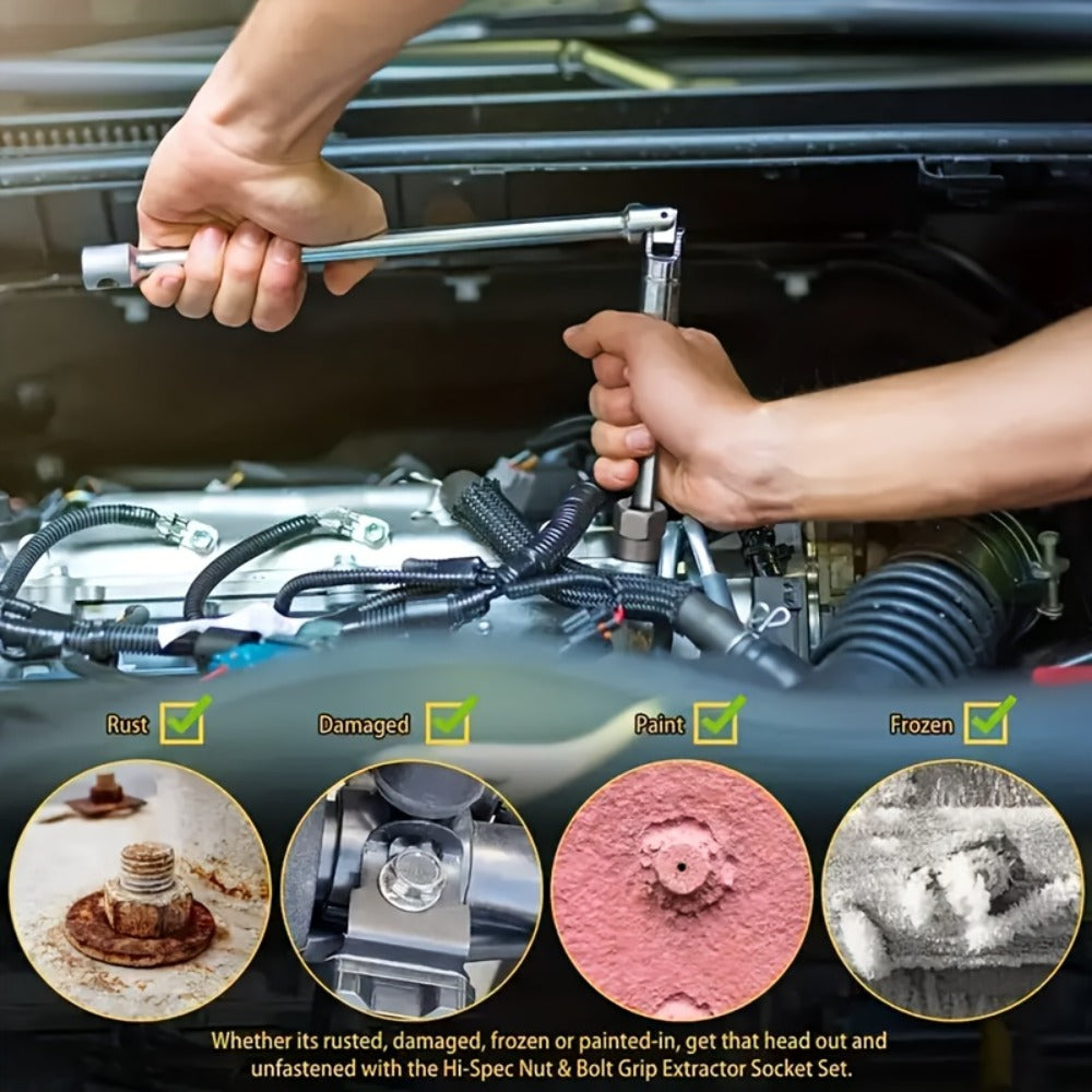 Nut Extractor Kit 14pcs, Damaged Bolt & Nut Remover Set with 13 Stripped Nut Extractors & 1 Hex Socket Adapter, 1/4" to 3/8" Drive Lug Nut Removal Tool for Construction, Auto & Home Repair