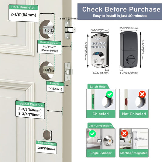 Smart Deadbolt Lock with Fingerprint, Keypad and App Control, Zinc Alloy, Auto-Lock