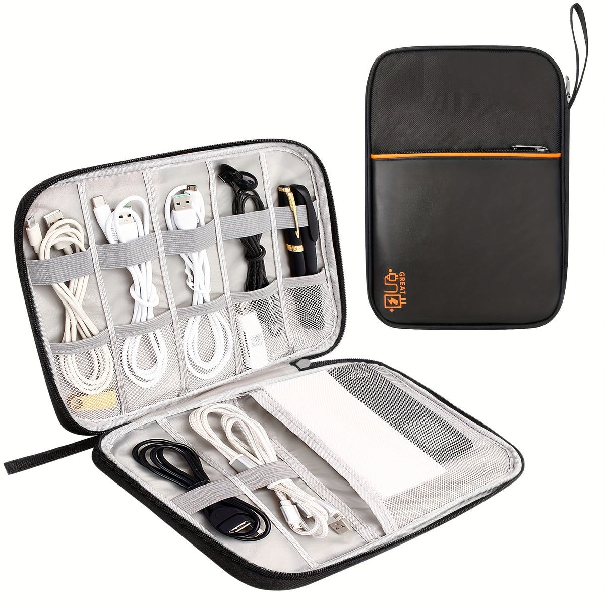 Cable Organizer Bag for Travel Double Layer – Water-Resistant Electronics Case with Removable Dividers | Cables, Chargers, Power Bank & Tablet, Grey & Black