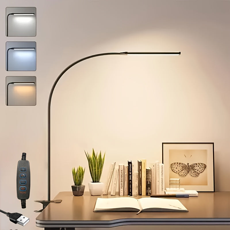 Clip-On LED Desk Lamp Flexible Gooseneck USB Powered – 3 Color Modes 10 Brightness Levels Swing Arm Clamp Light for Home Office Study Reading Crafts Gaming Bedroom – Black