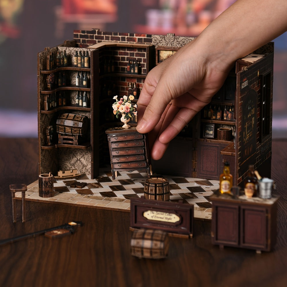 Miniature Book Nook Kit – Corner Lounge DIY 3D Wooden Bookshelf Insert