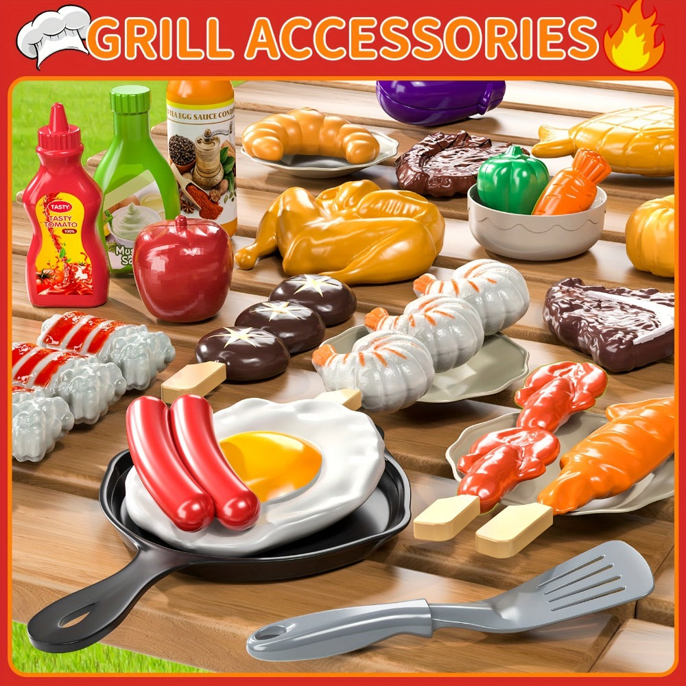 Kids BBQ Grill Playset with Two-Tier Design, Toy Food & Water Tap