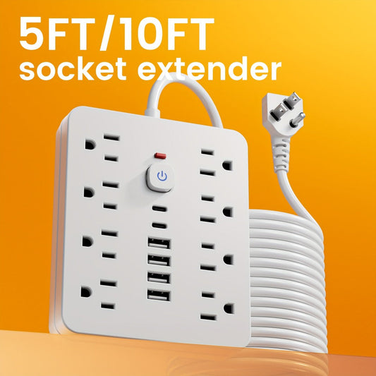 14-in-1 Wall-Mountable Power Strip with Surge Protector – 8 AC Outlets & 6 USB Ports (2 USB-C), Flat Plug Space-Saving Extension Cord, Overload Protection for Home School Office, 5ft or 10ft