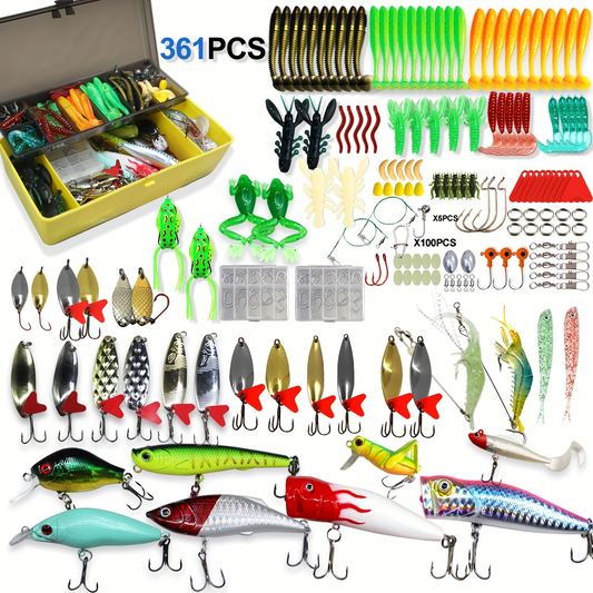 Fishing Lure Kit with Tackle Box, Mixed Baits and Hooks, 110-, 252- or 361-Piece Options