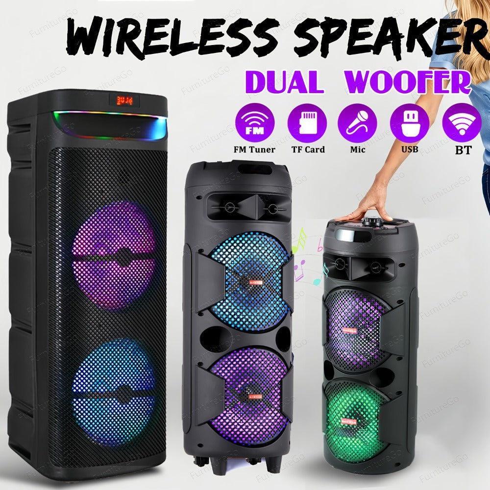Wireless Party Speaker with Dual Subwoofers & RGB Lighting – FM Radio, USB/TF Card Playback, TWS Stereo Pairing, 20-Hour Battery, Portable Bluetooth Boombox for Outdoor & Indoor Parties