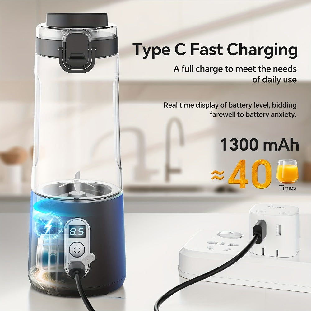 Portable Smoothie Blender USB-C Fast Charge 6-Blade Stainless Steel – Digital Timer Battery Display High-Speed Ice Crush No-Spill Lid | Protein Shake Gym Travel Blender in Black Pink White