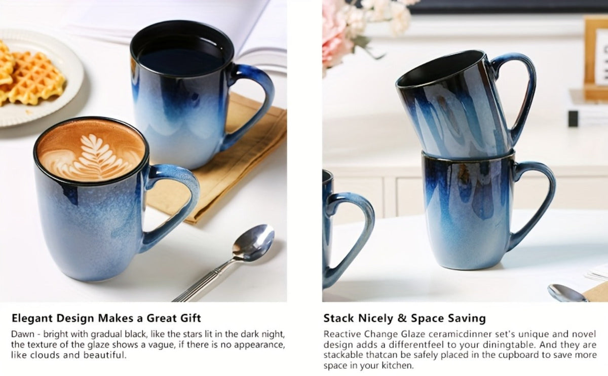 Gradient Blue Ceramic Mugs Set of 6 – 14 Oz Reaction Glaze Coffee Mugs – Durable Stain-Resistant Unique Design – Perfect for Coffee, Tea & Gifting at Weddings, Parties & Holidays