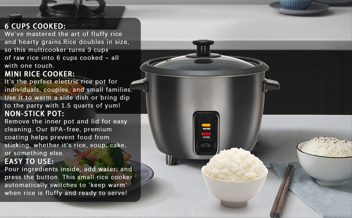 Rice Cooker & Yogurt Maker 3-Cup Nonstick – 1.5Qt Multicooker with Auto Keep Warm, One-Touch Operation, Stainless Steel Inner Liner & Steamer for Grain, Oatmeal & More