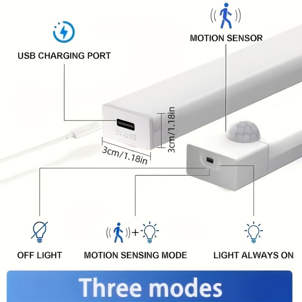 Rechargeable Motion Sensor LED Night Light 6 Pack - 400mAh USB, 3 Brightness Levels, Wireless Stick-On Bar for Cabinet, Stair, Bedroom, Kitchen & Hallway (3.94" / 7.87" / 11.8", 3 or 6 Pack)