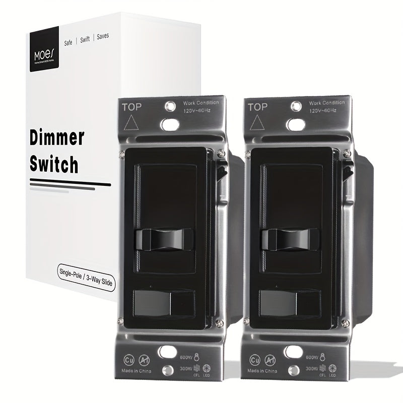 MOES Slide Dimmer Light Switch 3-Way & Single Pole No Neutral Wire – 600W Max, Compatible with LED CFL Incandescent Halogen, On/Off Dimming Control, Bedroom Hallway Living Room, Black & White (2/6-Pack)