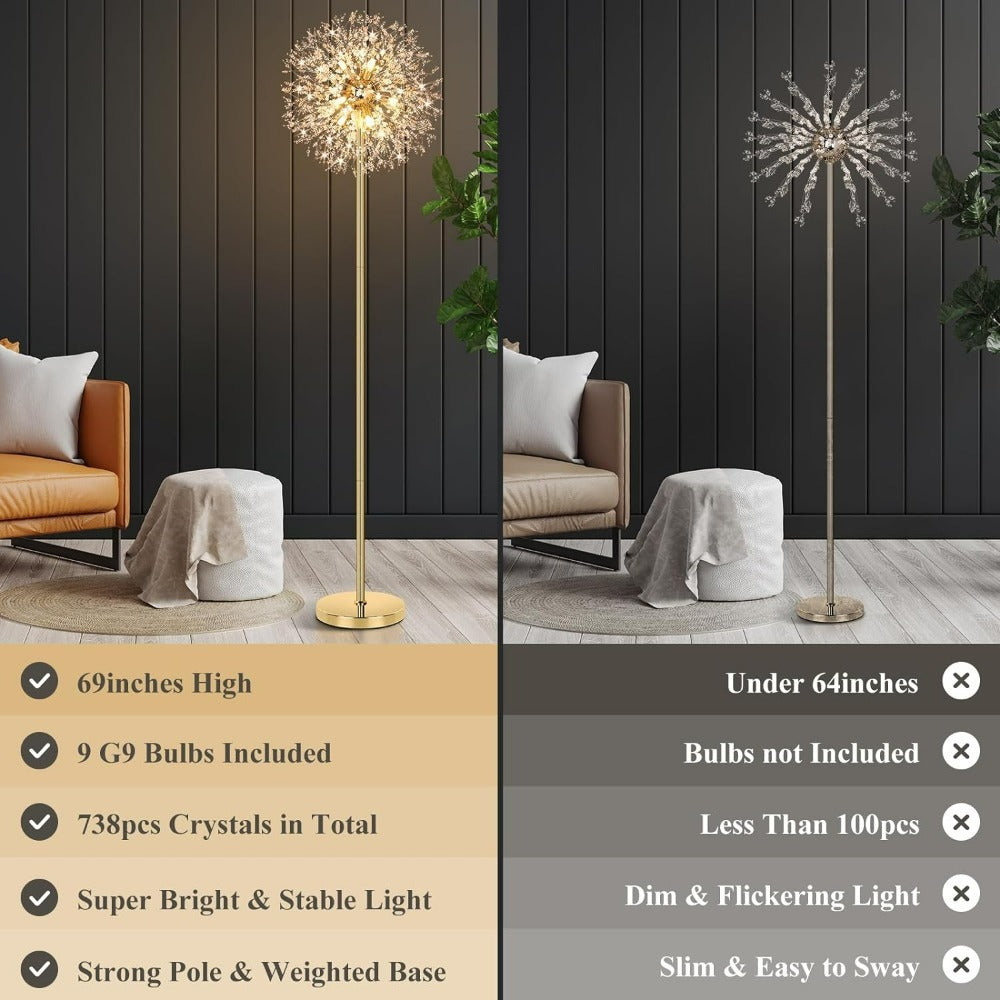 Crystal Floor Lamp Living Room 69 Inch Modern Standing Lamp – 738pcs K9 Crystals, 9 LED Bulbs, Antique Brass & Gold Finish, Tall Pole Light for Bedroom, Office & Mid Century Glam Decor