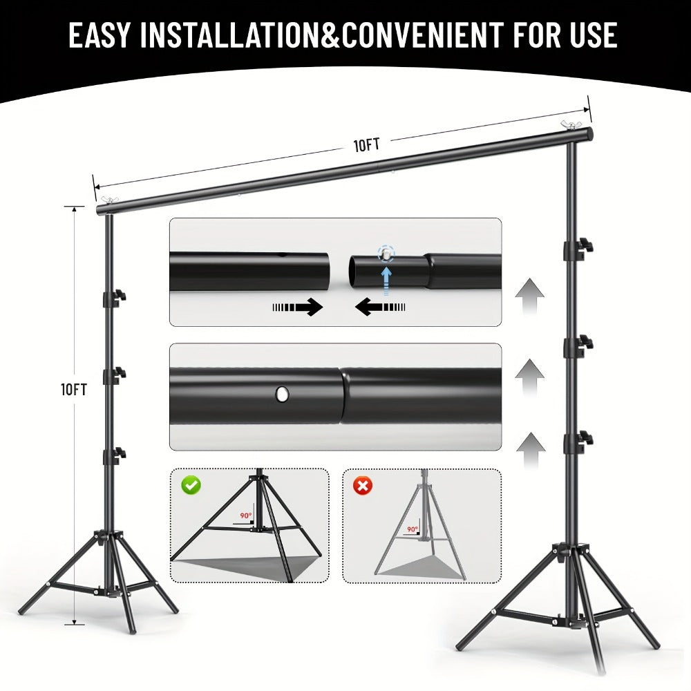 10x10FT Backdrop Stand Kit, 2 Adjustable Background Supports with 4 Crossbars, 4 Clamps and Carrying Bag, Iron Photo Video Studio Stand for Photography, Parties, Decoration