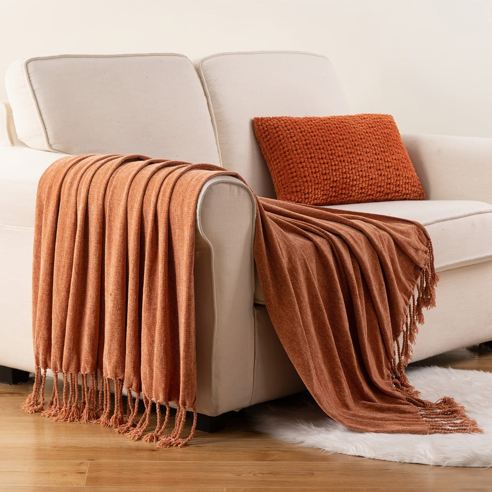 Chenille Fringe Throw Blanket – 180-200gsm Velvety Soft Decorative Throw for Sofa & Couch, Home Decor, 50”×60”, 17 Colors
