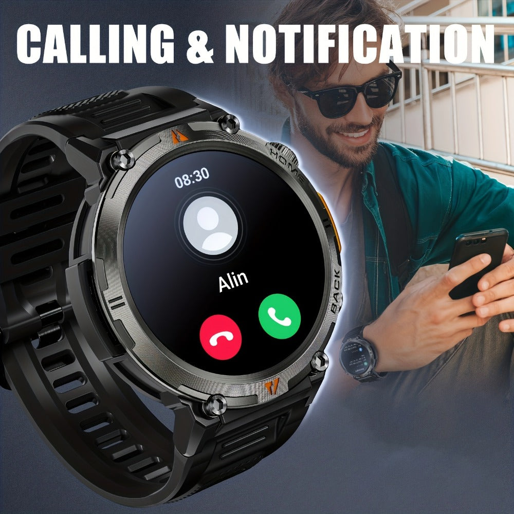 Tactical Smartwatch for Men LED Lighting 1.45 Inch 97% Screen Ratio Bluetooth 5.2 Wireless Calling Outdoor Fitness Tracker Heart Rate Blood Oxygen Sleep Pedometer iPhone Android Silicone Leather Strap Black Orange