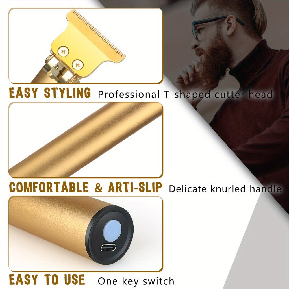 T-Blade Trimmer for Men Cordless Rechargeable - Nano Titanium Alloy Blades LED Display 4 Guide Combs 1.5-4mm - Pro Electric Hair Clipper for Hairline Fade Outline Beard Sculpting Black & Gold