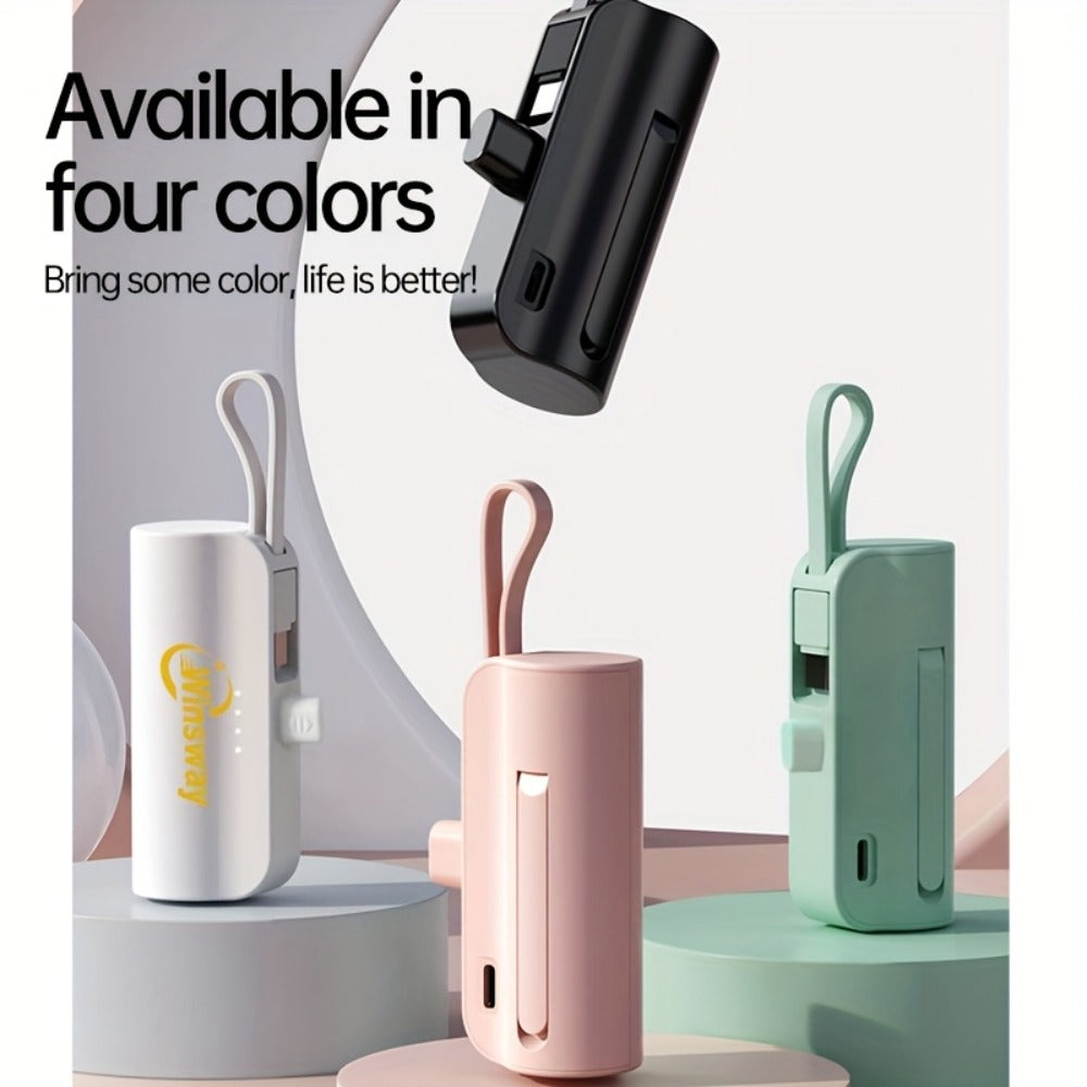 Capsule Mini Power Bank 5000mAh Dual Port Wireless Charging Phone Holder Fast Charge USB-C Cable Charge Two Phones at Once Pocket Portable Charger for Android Samsung iPhone