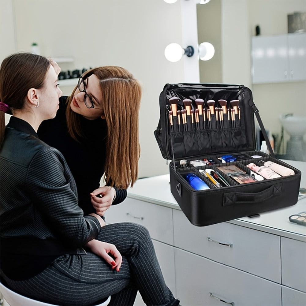 Professional Makeup Train Case 3-Layer 15.8 Inch Large Cosmetic Organizer with Adjustable Dividers Brush Holder Shoulder Strap for Makeup Artist Travel Studio Black