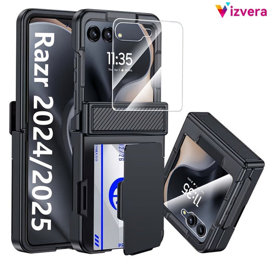 Motorola Razr 2025 2026 Hinge Protector Case with Built-In Screen Protector Card Slot & Lanyard - Shockproof Scratch-Proof Hard PC Flip Phone Cover for Razr 2025 Razr 2026 Complete Protection
