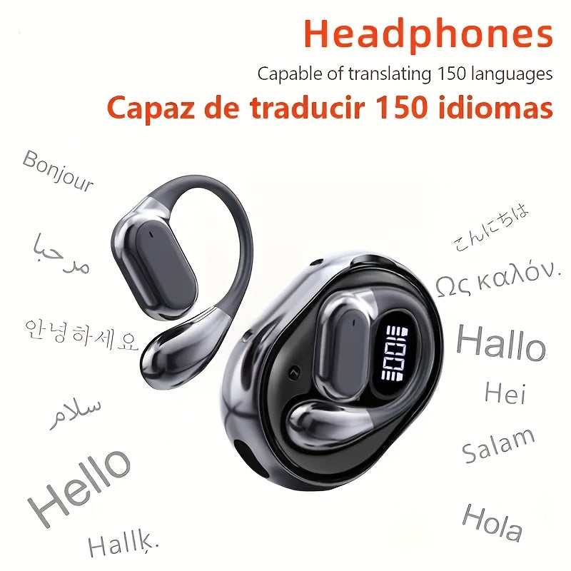 Open-Ear AI Translation Earbuds 156 Languages Real-Time Two-Way Translator Bluetooth 5.4 No-Latency Music Touch Control LED Display Type-C Charging with Lanyard
