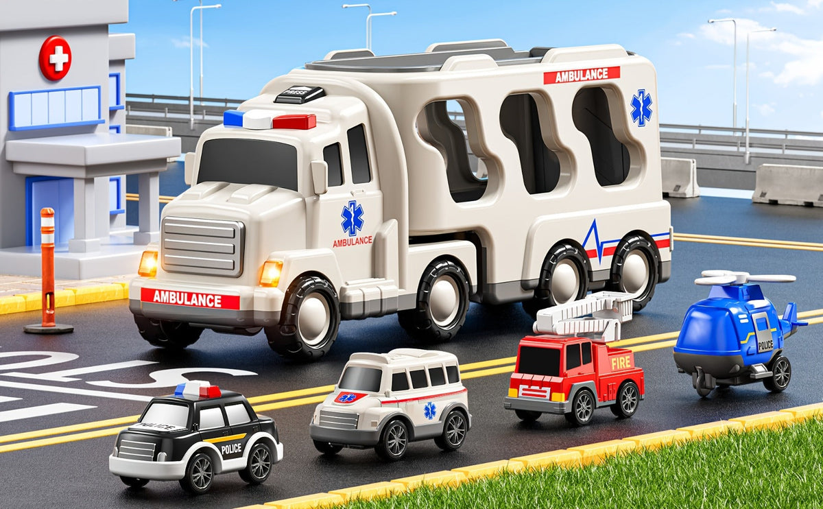 Ambulance Truck Toy Set for Boys – 5-in-1 Friction Power Carrier Truck with Lights & Sounds, Push & Go Emergency Vehicle Toys for Toddlers Kids Ages 3+, Birthday Christmas Gift for Boys