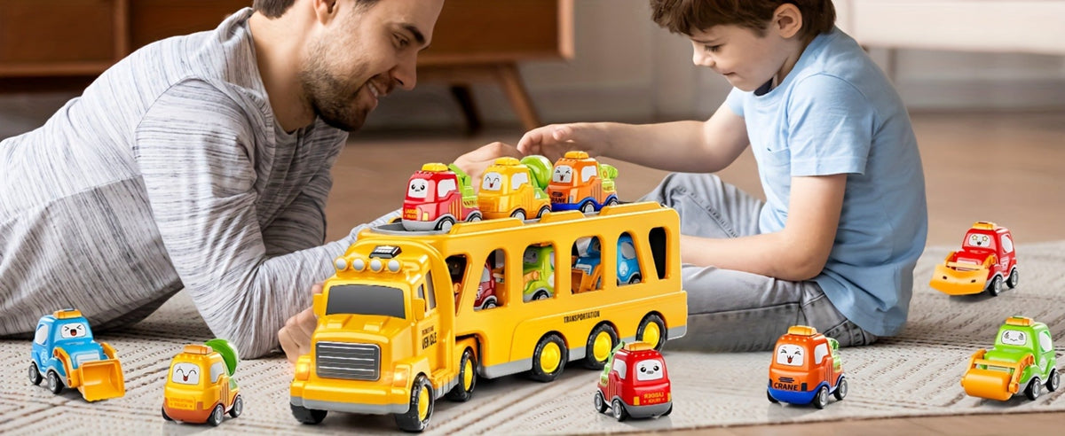 Car Carrier Truck Toy with 6 Cars, 16.9" Transport Construction Truck with Lights & Sounds