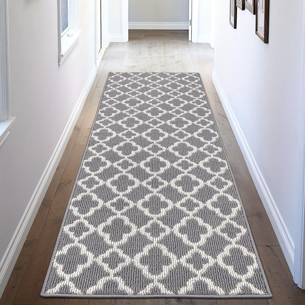 Runner Rug Moroccan Trellis Non-Slip – Machine Washable Hallway Carpet for Entryway, Kitchen & Bathroom – 100% Polypropylene Long Floor Rug, Black & Gray, 2x6, 2x8, 2x10 Ft