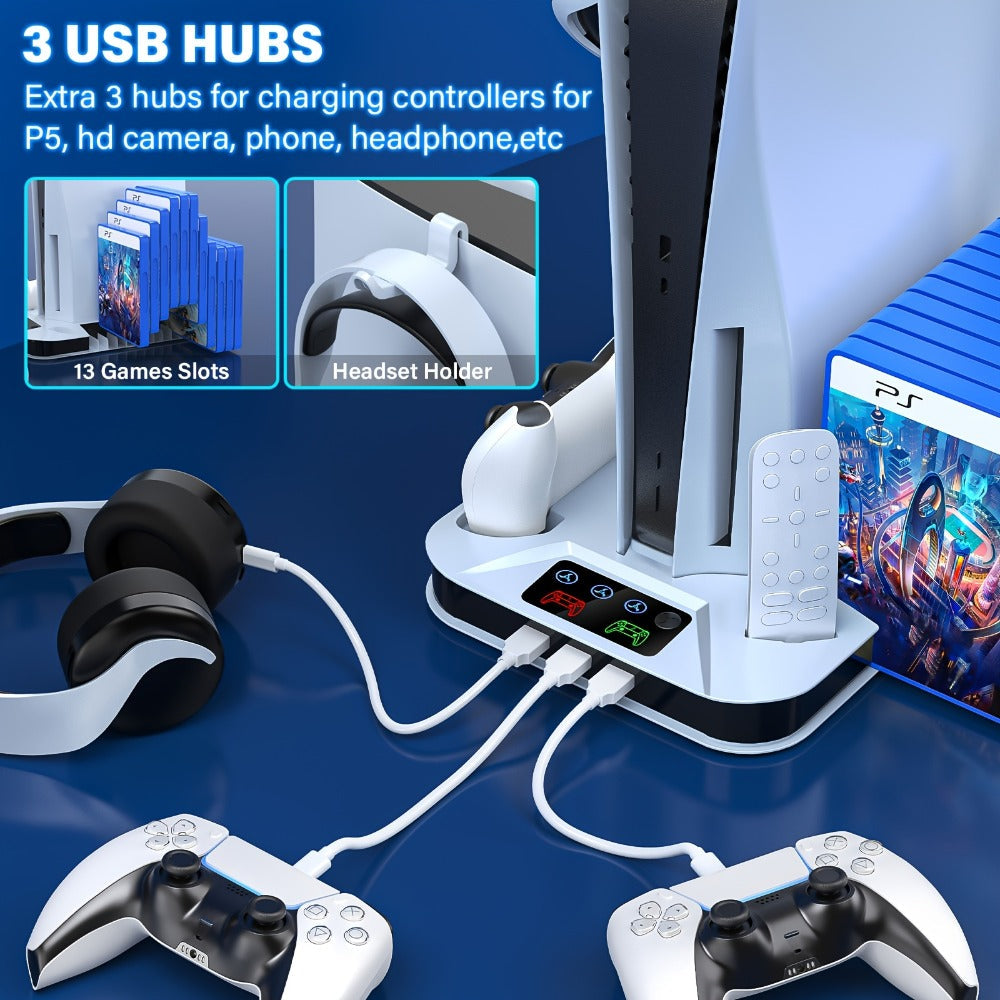 Auto Turbofan PS5 Cooling Stand with 3-Level Speed Control & Dual Controller Charger for PS5 / PS5 Slim / PS5 Pro – Charging Station for All PlayStation 5 Console Editions, Great Christmas Gift