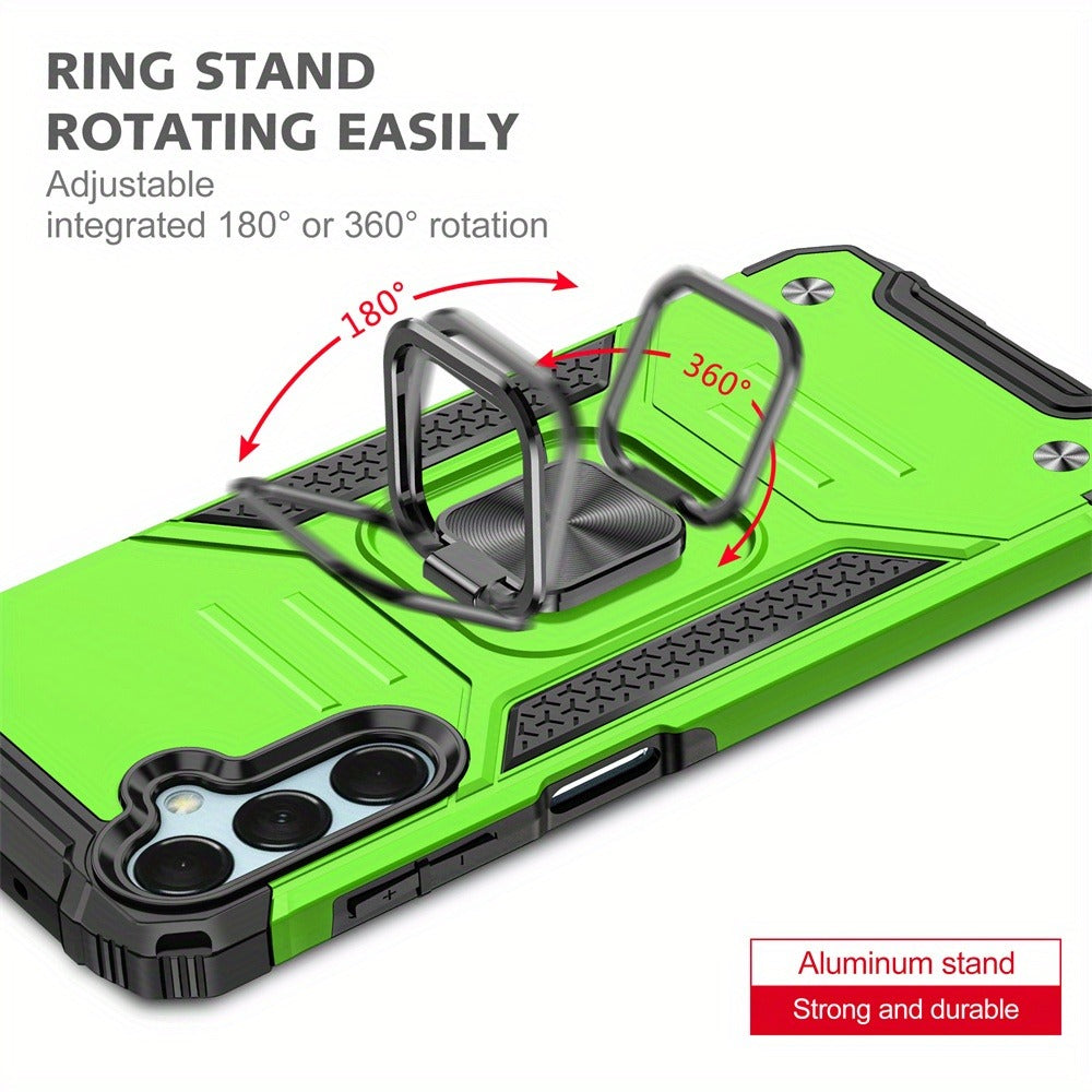 Ring Kickstand Samsung Galaxy A15 5G Case – 360° Rotating Stand Hybrid Armor Shockproof Rugged Cover with Magnetic Car Mount Plate, Dual Layer Hard PC TPU Bumper, Anti-Slip Grip – Black Blue Green Red Rose Gold