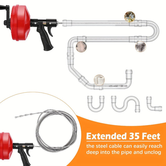 Drain Snake Auger, 25 ft, Manual or Drill-Powered with Adapter & Gloves