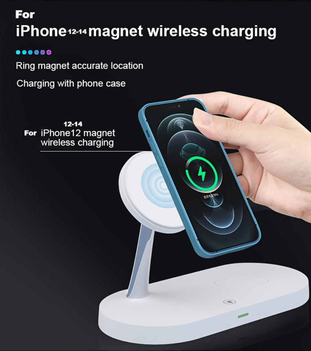 Wireless Charging Station 3-in-1 QC3.0 Adapter Included Magnetic Fast Charger Stand for iPhone 15 14 13 12 11 Pro Max Mini XR XS X SE 8, Apple Watch Series 1-9 Ultra, AirPods 4 3 2 Pro – White Black