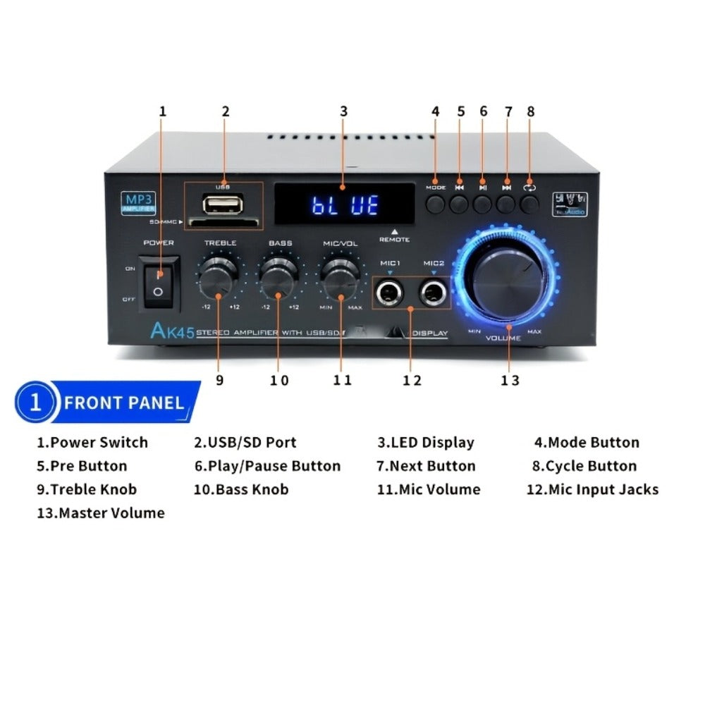 400W Bluetooth 5.0 Stereo Amplifier Receiver AK45, 2-Channel Home Audio Power Amp with Karaoke, FM Radio, USB MMC SD Card, Supports Passive Ceiling Speakers Garage Home Theater Speaker System