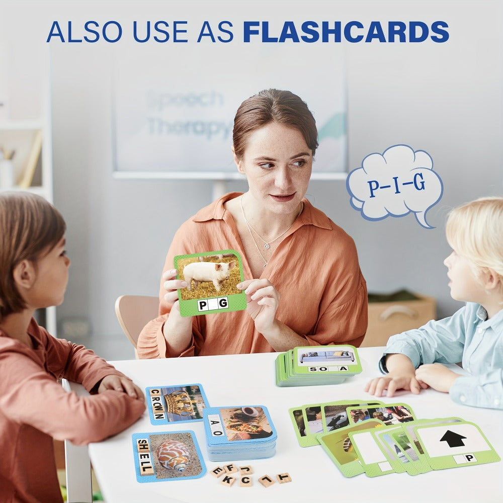 Spelling Flash Card Game for Kids Ages 4-8 — 224 Phonics Sight Word Flashcards, 208 Wood Letter Tiles & Dice, Kindergarten Homeschool ESL Autism Learning Toy, Birthday Christmas Gift