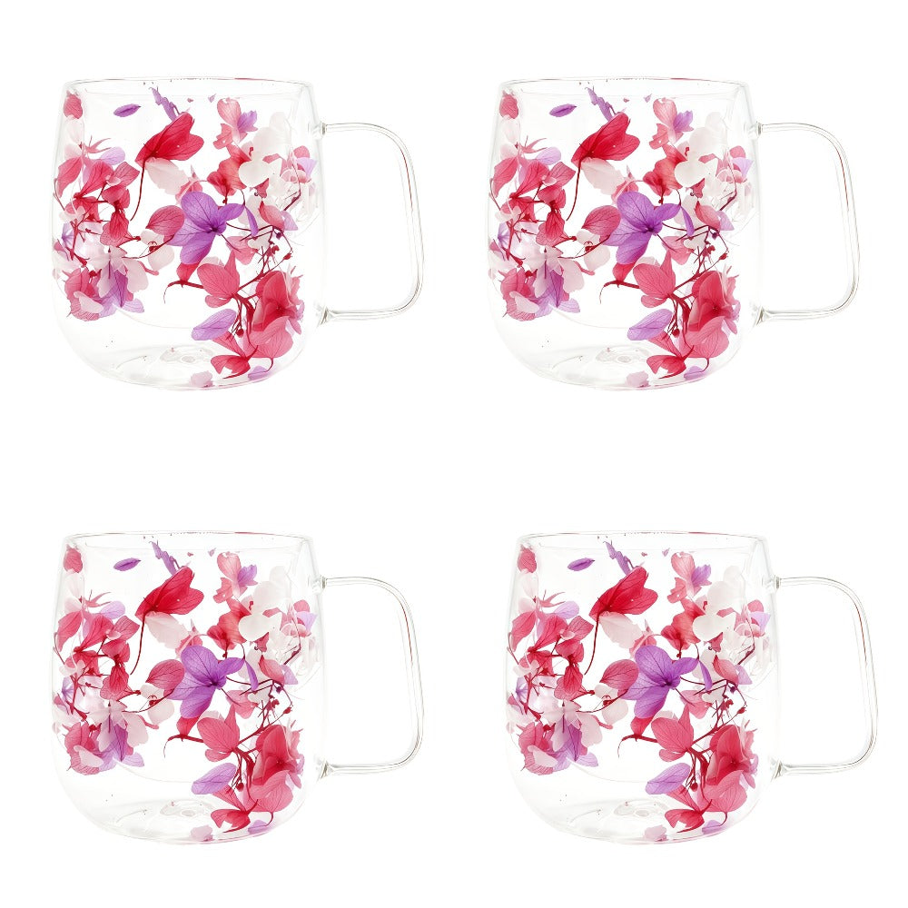 Double Wall Glass Coffee Cups with Handle Set of 4 – Borosilicate Thermal Mugs for Latte Cappuccino Tea | Dried Flower & Petal Design Transparent Drinkware for Office Home Gifts