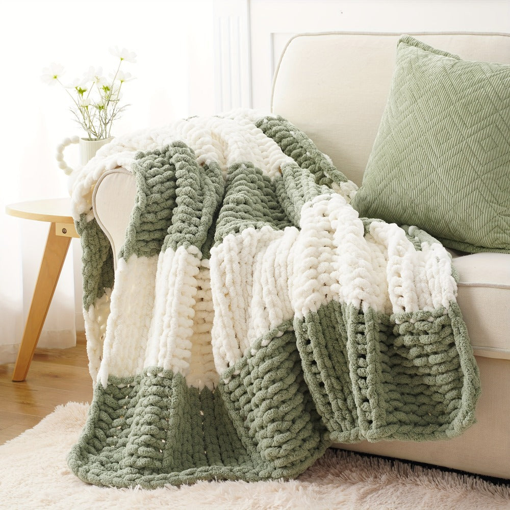 Chunky Chenille Cable Knit Throw Blanket – 350-400gsm Soft Warm Crochet Throw for Sofa, Bed & Couch, Vintage Patchwork, 14 Colors