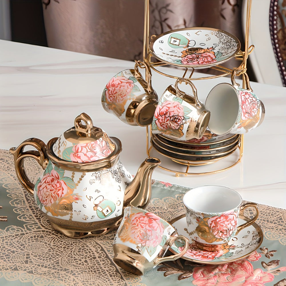 Floral Ceramic Tea Set 20 Pcs – European Porcelain Tea Cups & Saucers with Metal Holder & 15 Oz Teapot – Luxury Arabic Coffee Cup Set for Espresso, Cappuccino & Afternoon Tea – Elegant Gift
