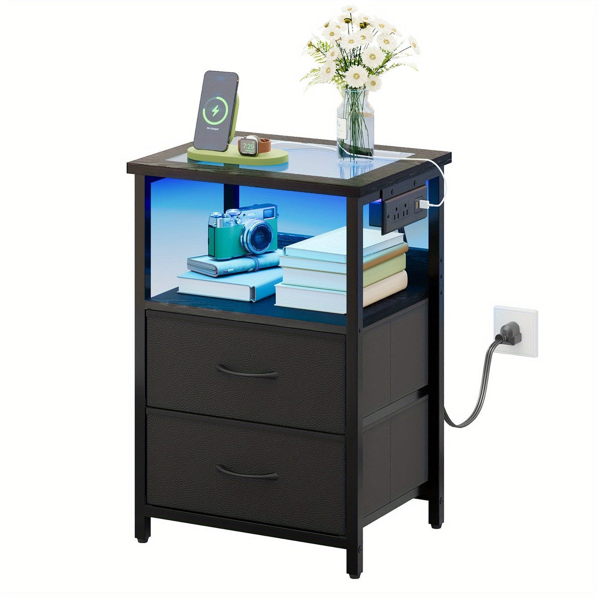 Nightstand with Charging Station & LED Light – USB Ports Outlets Fabric Drawers | PU or Clear Acrylic Desktop | 1pc or 2pcs Matching Set | Smart Bedside Table for Bedroom Dorm Student Room Black White